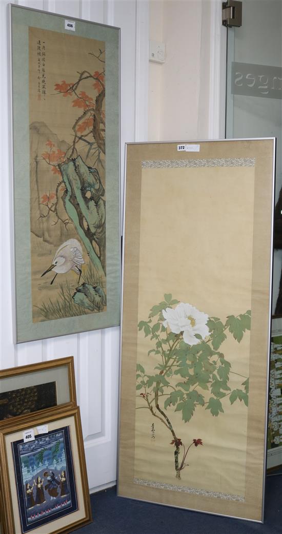 Two Japanese silk prints, an egret and a peony study Largest 114 x 42cm.